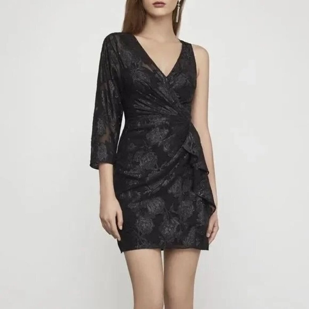 NWT BCBGMazAzria One Shoulder Floral Faux Wrap‎ Black Drace Lace Mini Cocktail 0